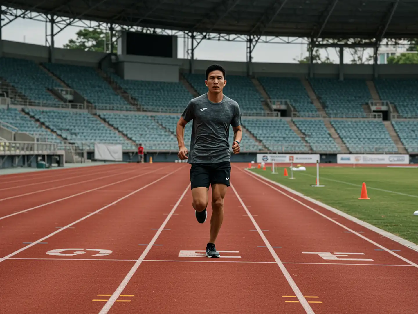 A man running at a steady pace on a stadium track while training for the IPPT 2.4km run.