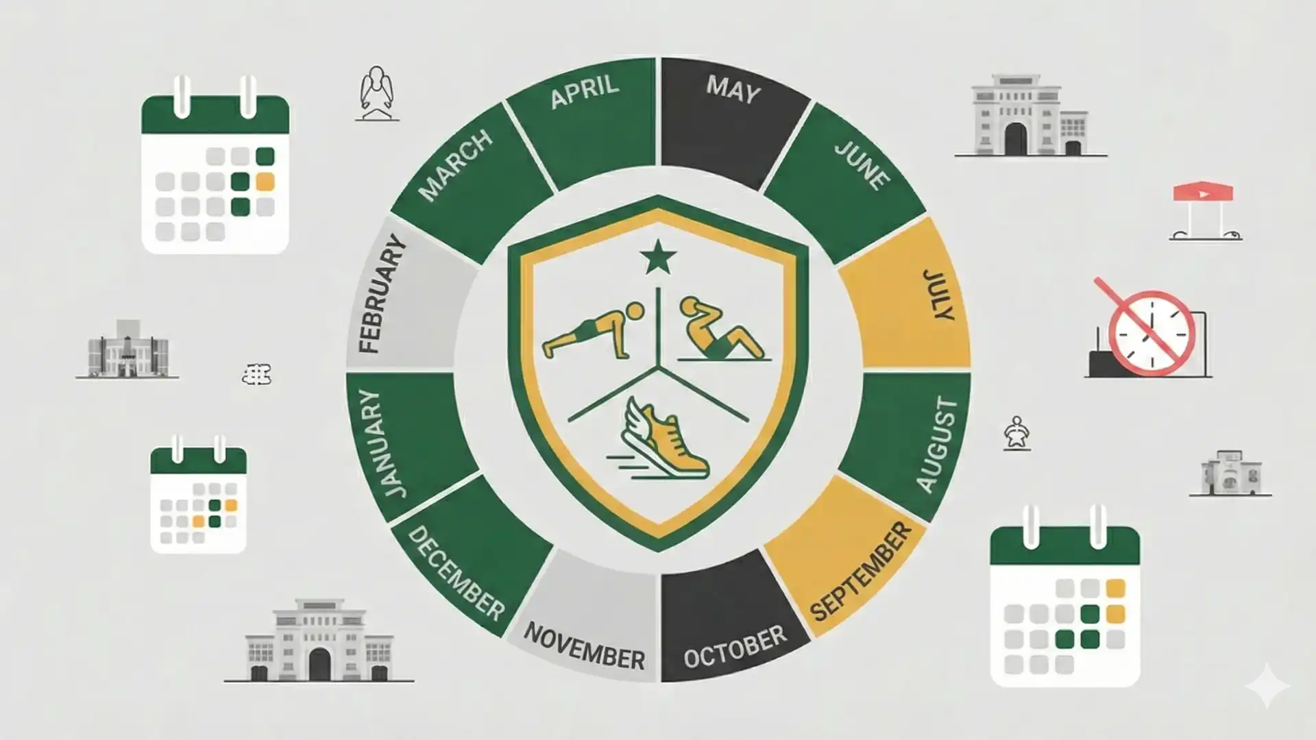 Minimalist infographic showing the IPPT annual window with a visual April–March cycle, calendar icons, booking symbols, IPPT exercise silhouettes, and a locked deadline indicator.