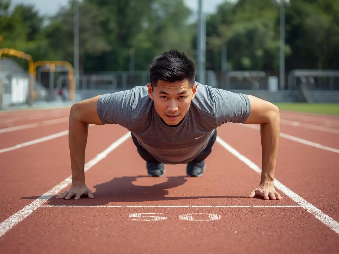 A man performing a strict IPPT push-up on a running track, maintaining a straight body line with elbows angled at 45 degrees.