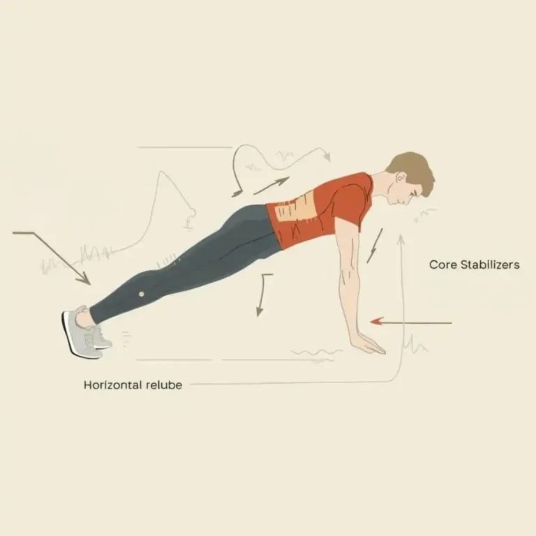 Minimal illustration of proper push-up form with highlighted muscles—chest, triceps, shoulders, and core—and visual cues for lockout, stability, and controlled tempo.