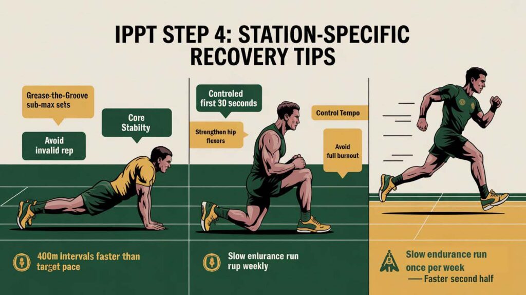 Infographic showing IPPT Step 4 station-specific recovery tips with sections for push-ups, sit-ups, and the 2.4km run. Includes visuals of strict-form push-ups with sub-max sets and core stability tips, paced sit-ups with hip flexor strengthening, and a runner on a track illustrating interval training, endurance runs, and negative splits.