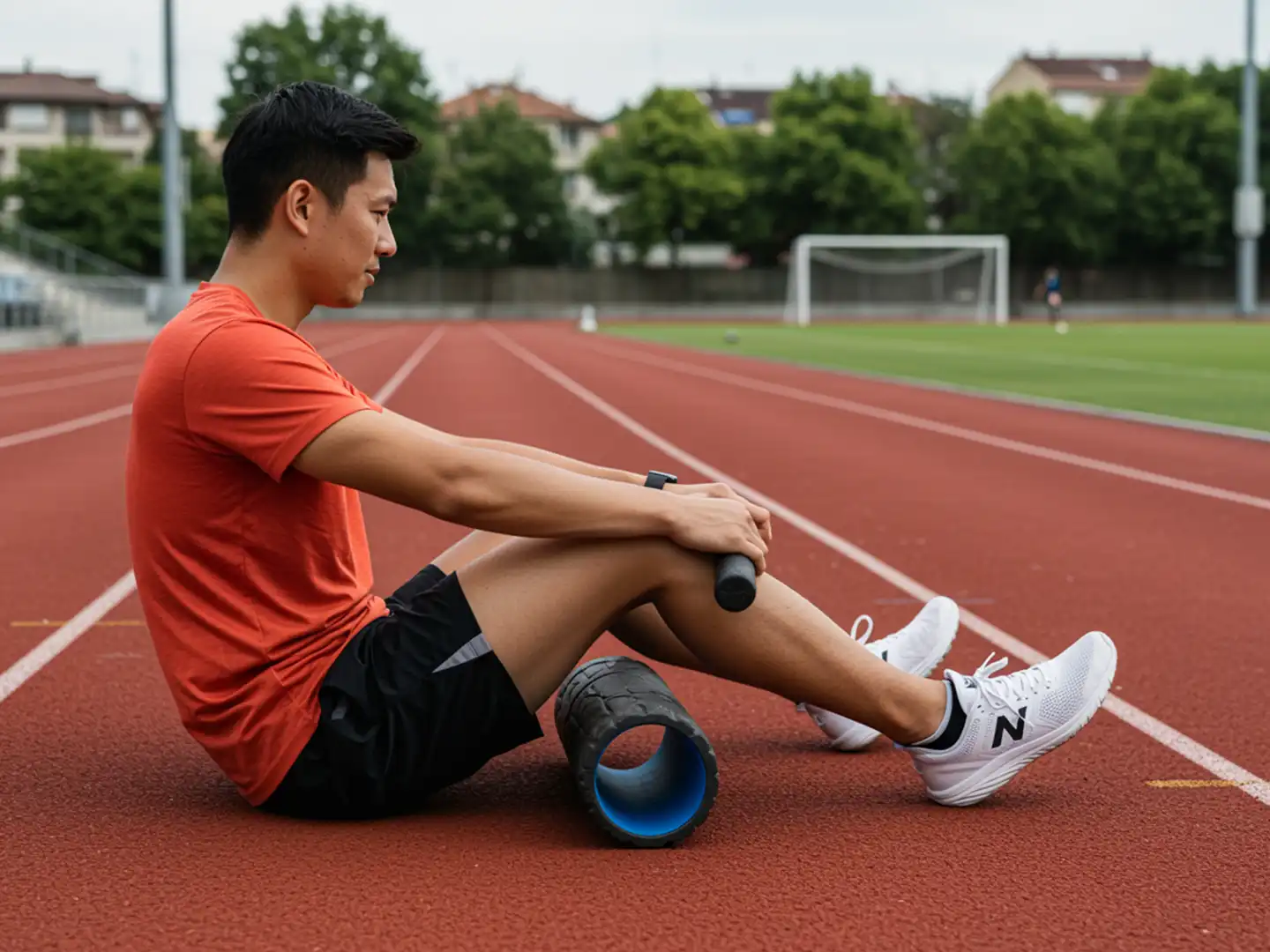 A man performing recovery exercises at a stadium track to reduce fatigue and prepare for IPPT.