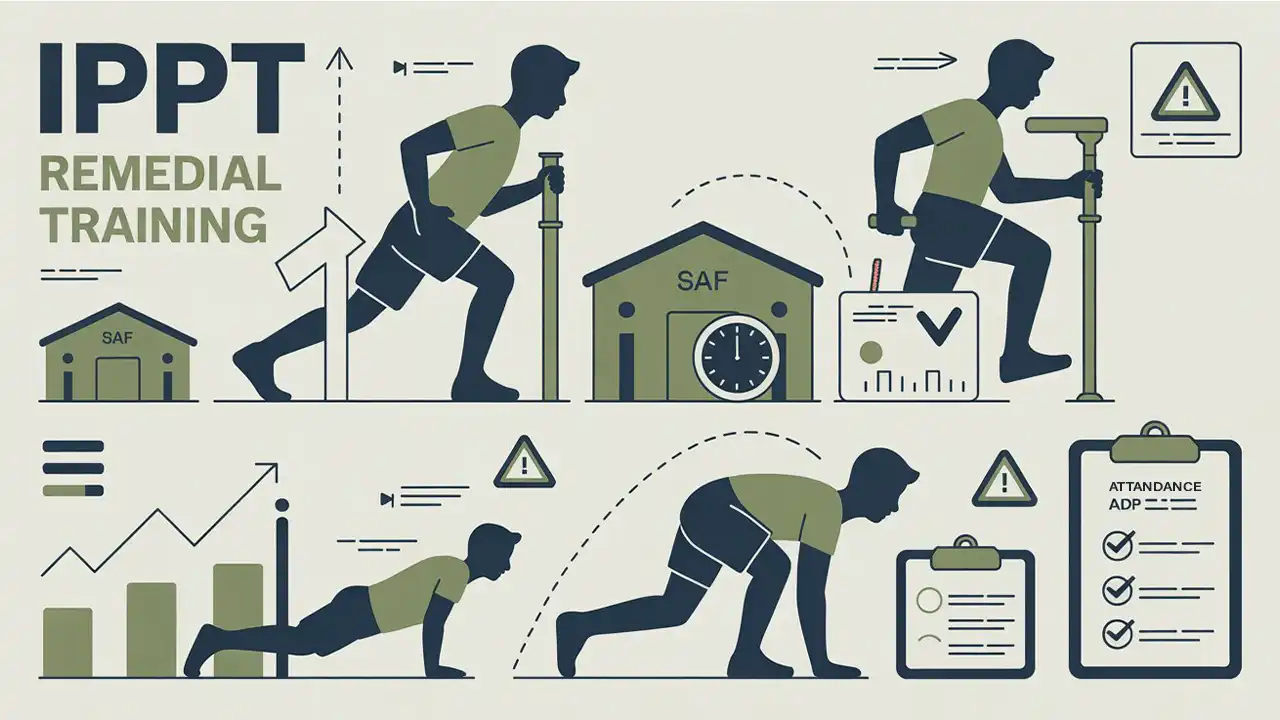 Infographic showing IPPT Remedial Training with visuals of guided push-ups, sit-ups, and running, SAF camp icons, scheduled training symbols, progress indicators, and strict attendance imagery.