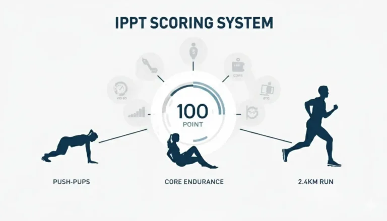 Infographic showing the IPPT scoring framework with icons for push-ups, sit-ups, running, and a 100-point scoring meter, illustrating how each station contributes visually without text.