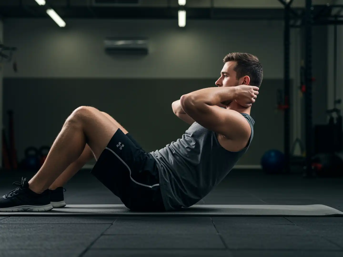 A man doing IPPT sit-ups on a fitness mat with controlled, rhythmic movement and proper core engagement.