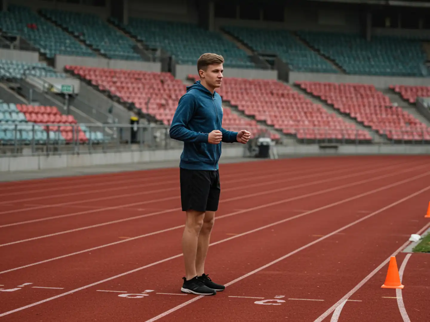 A man performing a light warm-up at a stadium track to stay calm and prepared for IPPT test day.