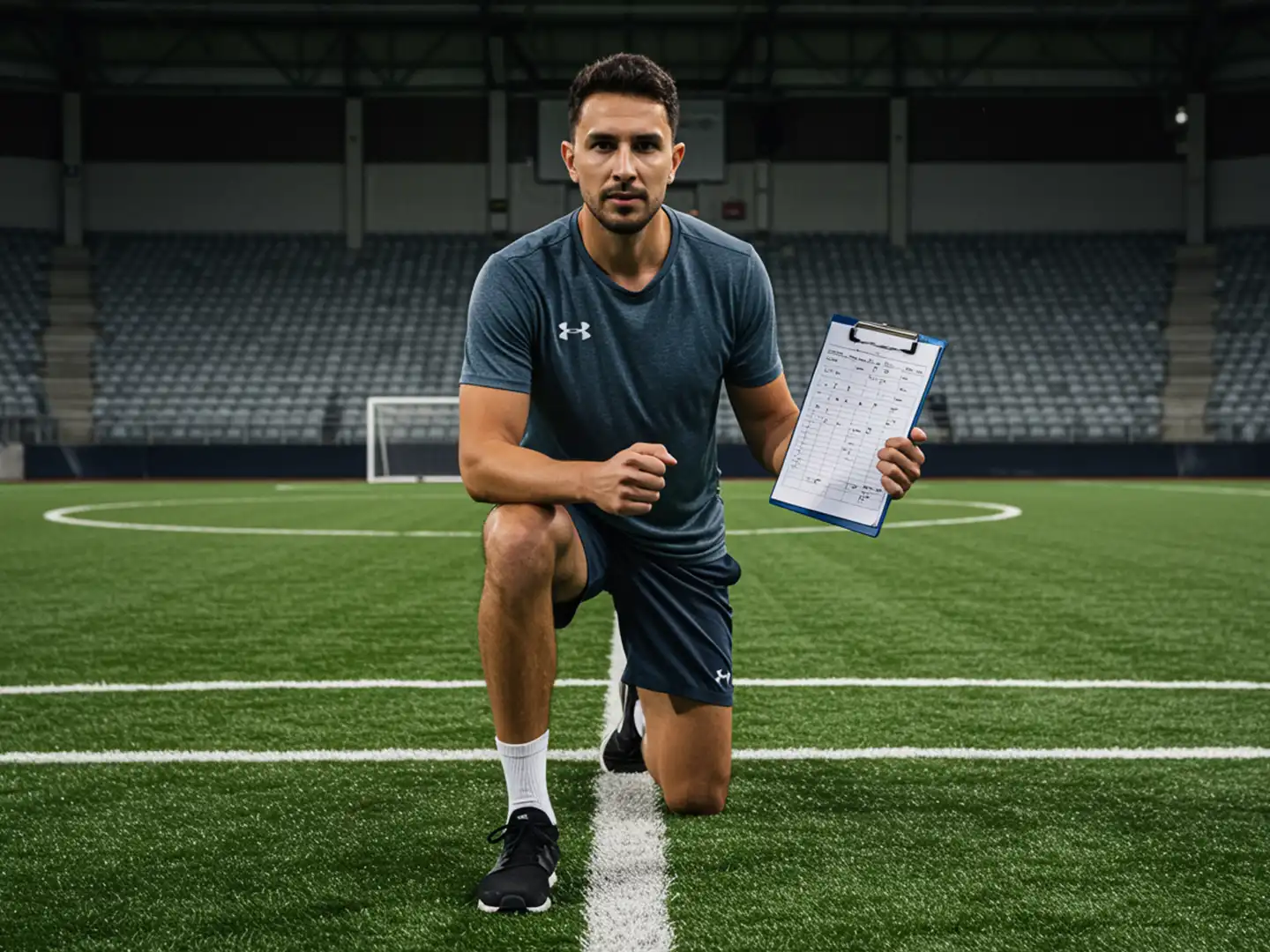 A man reviewing his IPPT weekly training plan while warming up at a stadium track.