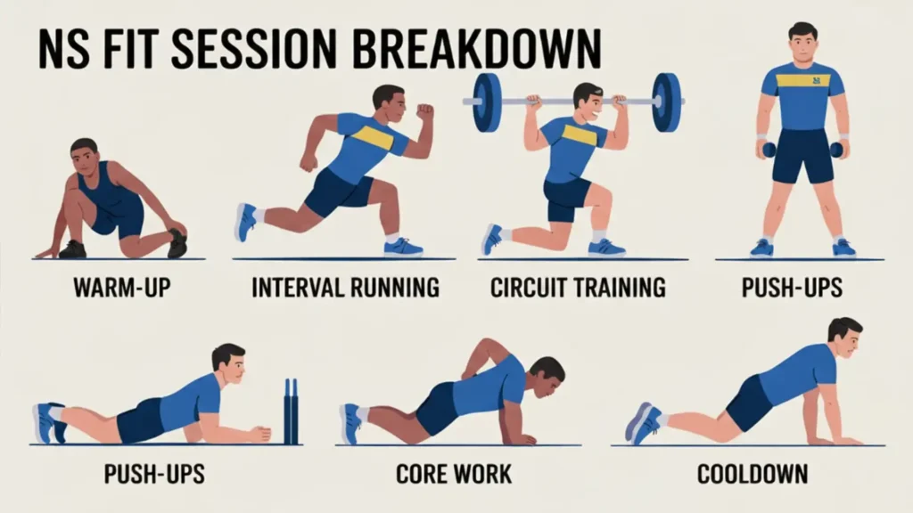 Illustrated breakdown of a typical NS FIT session showing warm-up, interval running, circuit training, core work, and cooldown in a Singapore SAF fitness setting.