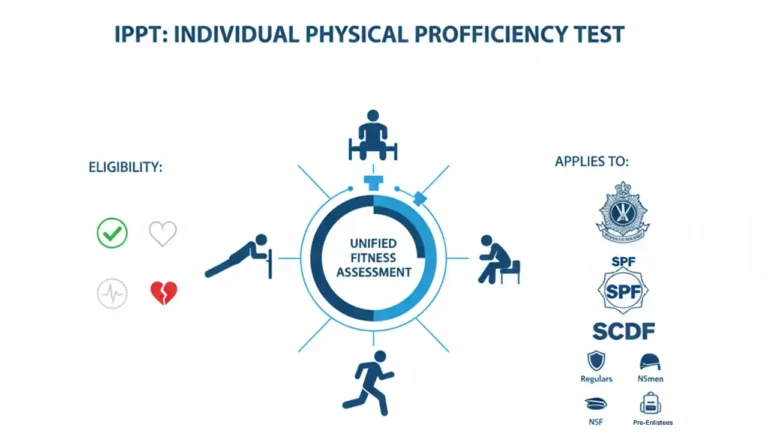 Visual infographic showing the IPPT structure with icons for push-ups, sit-ups, running, and symbols representing SAF, SPF, and SCDF personnel, illustrating who the IPPT applies to without heavy text.