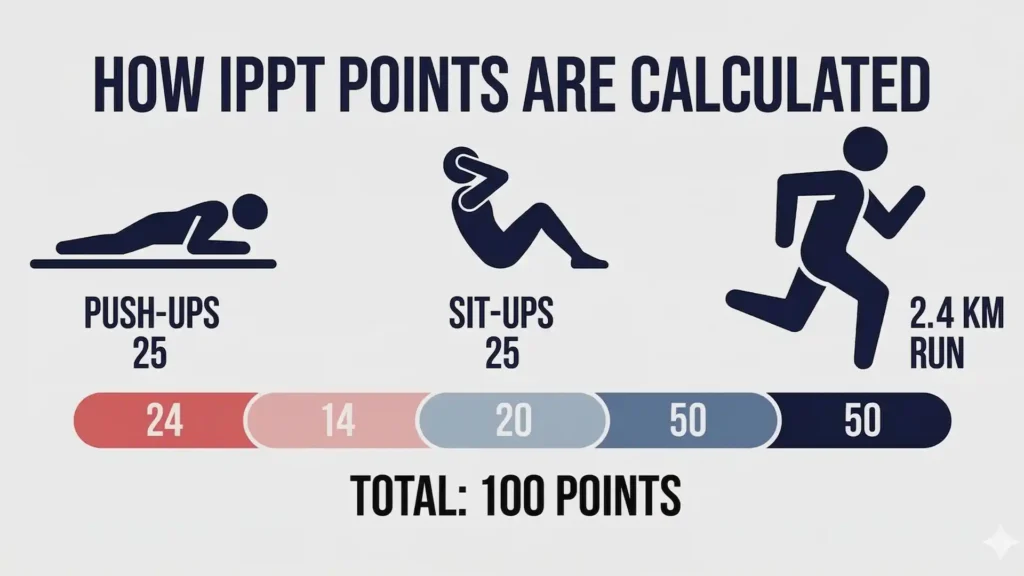 Infographic showing how IPPT points are calculated across push-ups, sit-ups, and the 2.4 km run with maximum points for each station
