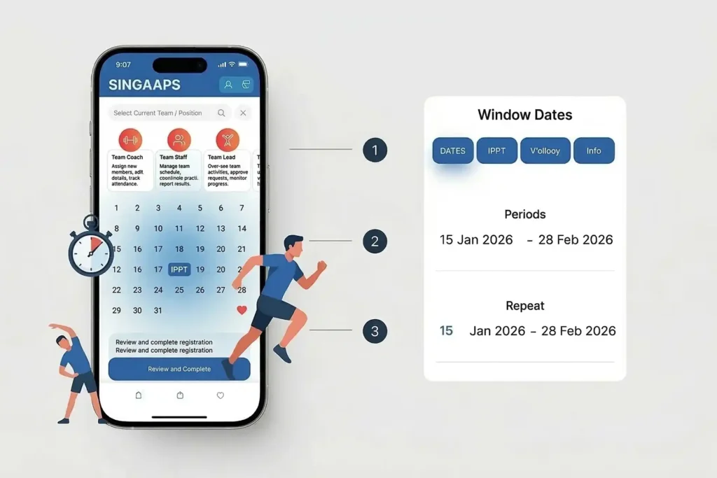 Step-by-step illustration of checking IPPT window on the OneNS portal, showing login, IPPT section, and assigned window dates.