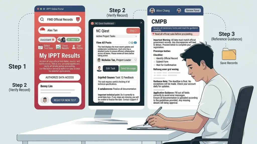 Step-by-step illustration showing how to verify IPPT 2026 updates using AskGov, OneNS dashboard, and CMPB pages