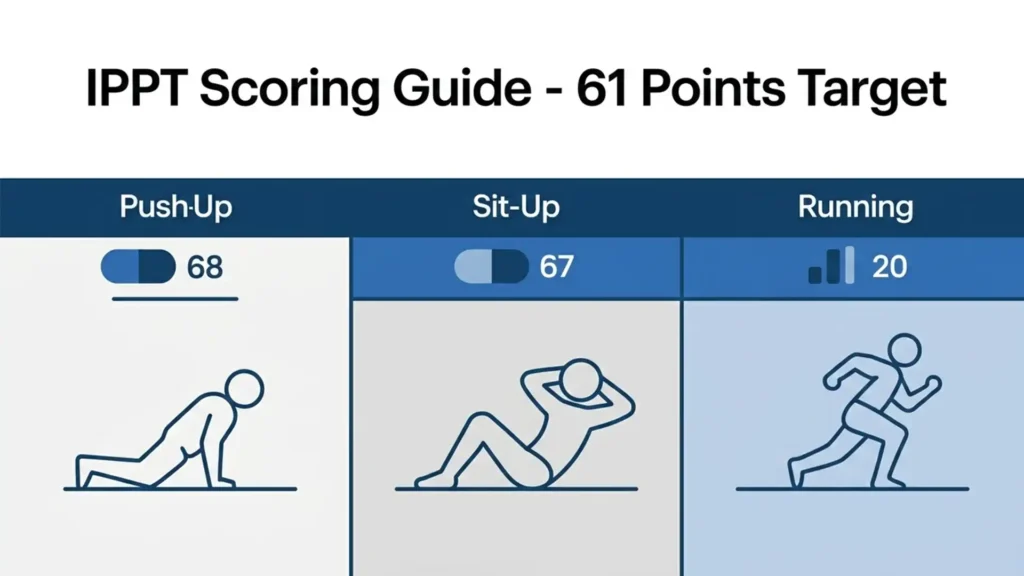 Infographic showing the approximate push-up, sit-up, and 2.4 km run targets needed to reach 61 IPPT points for Singapore pre-enlistees.