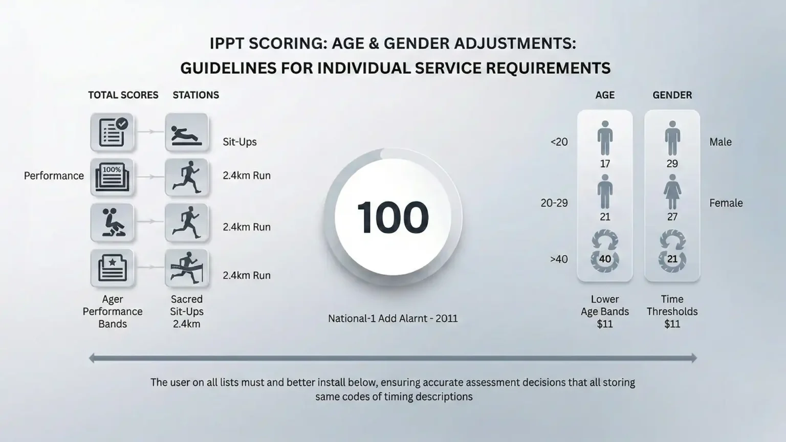 Infographic showing IPPT scoring overview with a central score meter, icons for push‑ups, sit‑ups, and running, age-based adjustment ladder on the left, and gender-based scoring columns on the right.