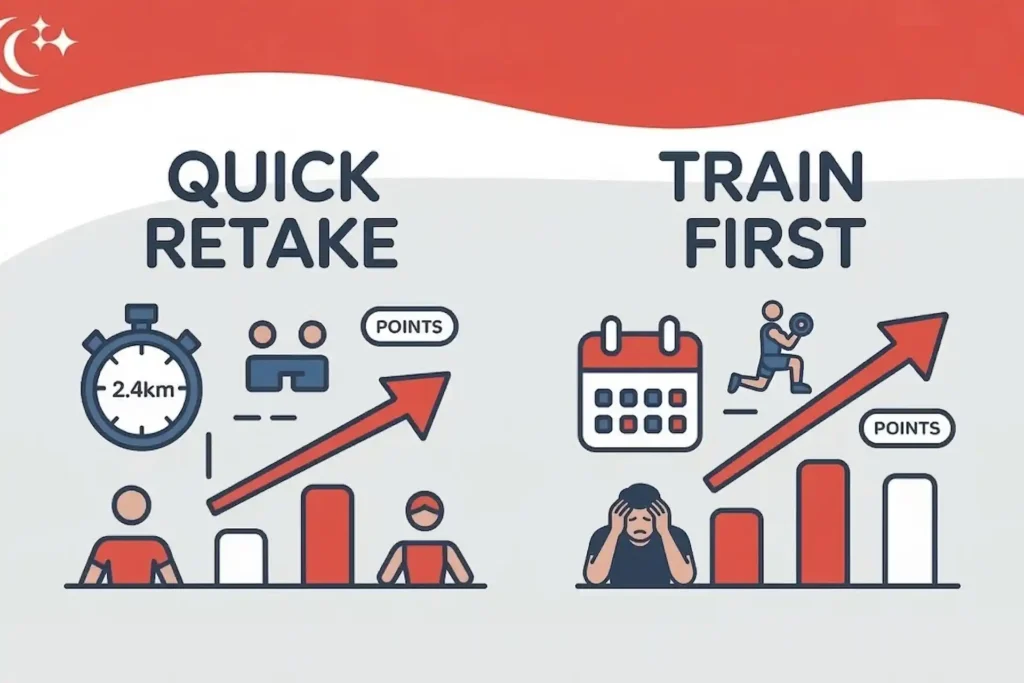 Visual comparison of the IPPT quick-retake strategy versus the train-first strategy, showing progress icons and score improvements.