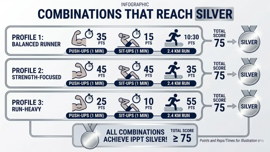Infographic showing different push-up, sit-up, and 2.4 km run combinations that can reach an IPPT Silver score
