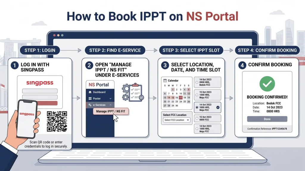 Step-by-step illustration showing how to book IPPT on NS Portal using Singpass, Manage IPPT or NS FIT, slot selection, and booking confirmation
