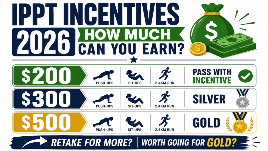 Visual showing IPPT retake progression from pass to gold with increased cash incentive payouts for Singapore NSmen