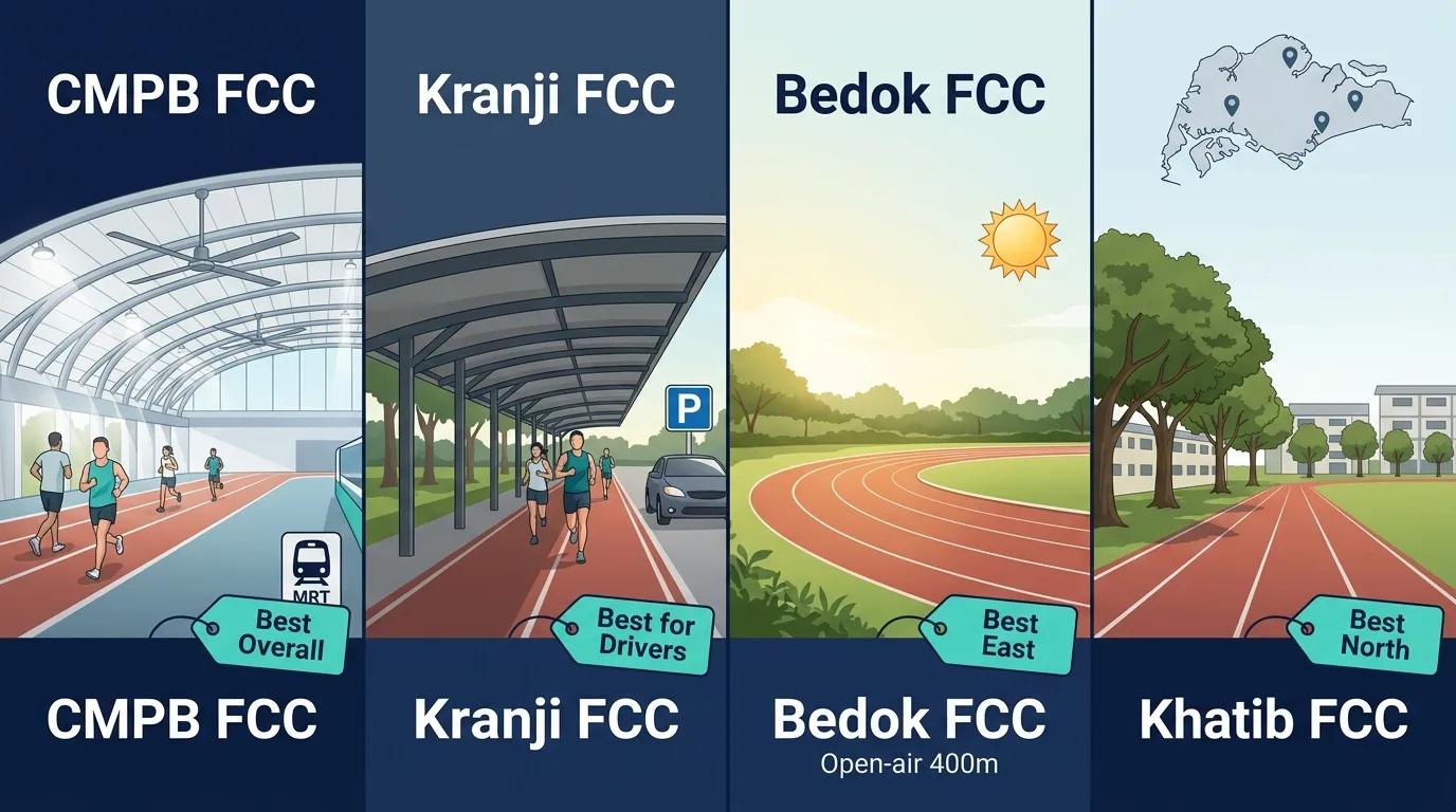 Comparison of Singapore's four IPPT venues — CMPB, Kranji, Bedok and Khatib FCC — showing sheltered indoor and open-air outdoor running tracks with MRT and parking access for NSmen in 2026.