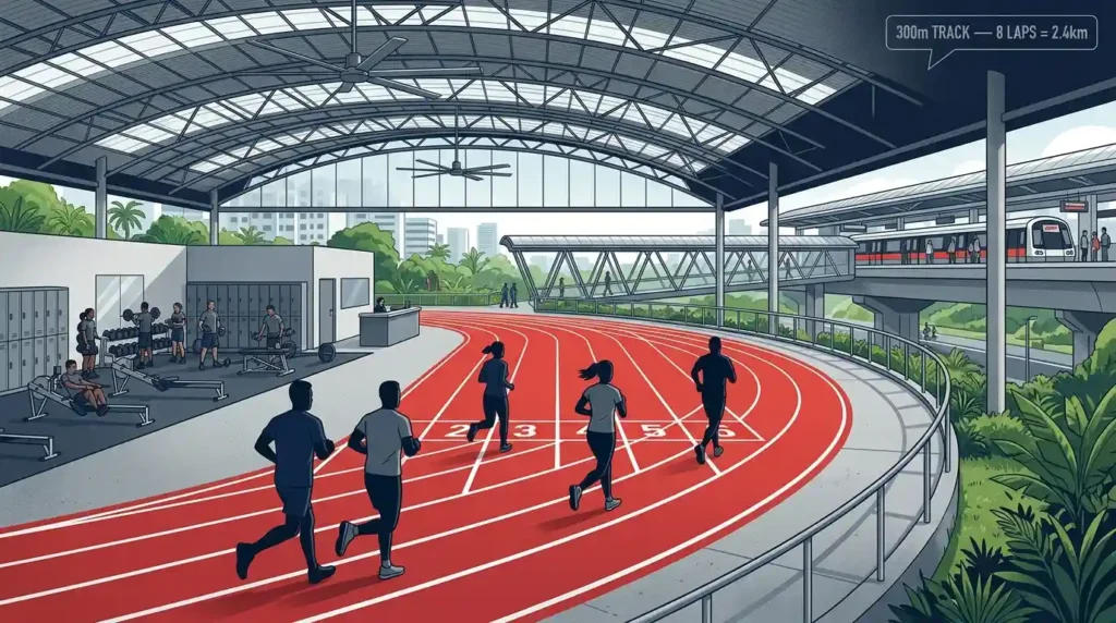 CMPB Fitness Conditioning Centre sheltered all-weather 300m running track near Cashew MRT, where NSmen run eight laps to complete the IPPT 2.4km run.