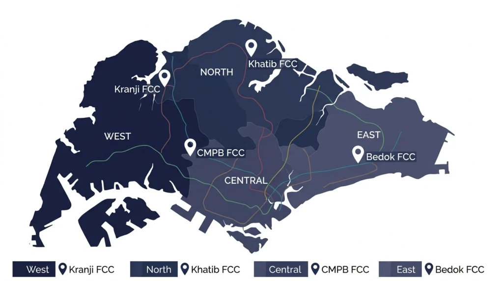 Map of Singapore showing which IPPT FCC to book by region: CMPB and Kranji for the west and centre, Khatib for the north, and Bedok for the east.