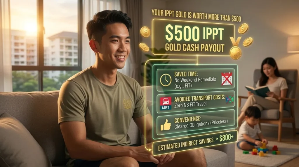 A sophisticated, detailed holographic interface visualization breaking down the true value of an SAF Gold IPPT award for a Singaporean NSman. It contrasts a clear $500 Cash Payout with a much larger stack of Indirect Savings (> $800), itemizing benefits like SAVED TIME (No Weekends), AVOIDED COSTS (Transport), and CONVENIENCE (Cleared Obligations).