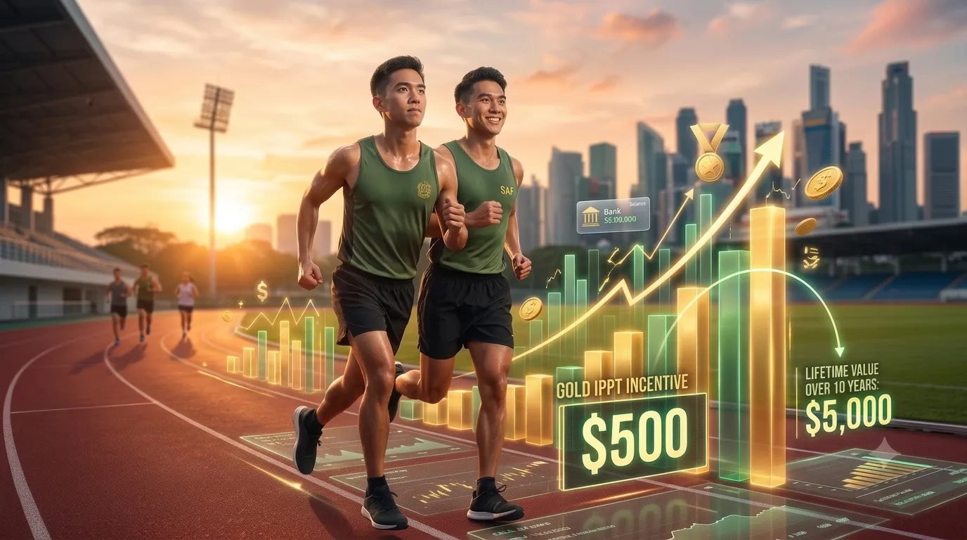 Two Singaporean NSmen running on an athletic track, surrounded by glowing financial charts, gold coins, and text highlighting the $500 Gold IPPT incentive and its $5,000 lifetime value.