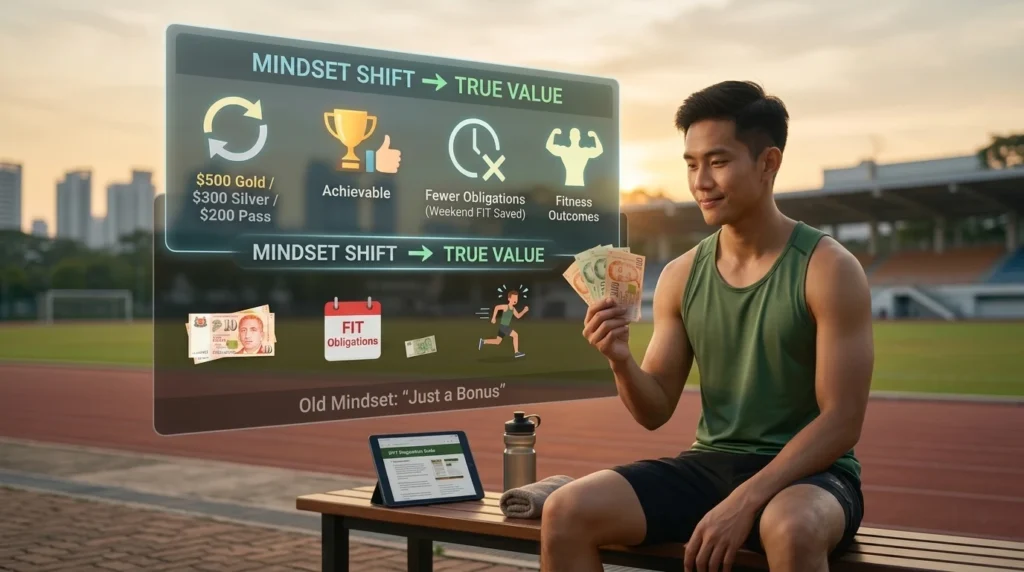 A visual decomposition of a Singaporean NSman's mindset shift regarding the SAF IPPT incentive, contrasting a physical '$250 Payout (Dismissed as Just a Bonus)' in hand with a larger, structured holographic visualization of the 'True Value' including recurring income, saved time, fewer FIT obligations, and fitness outcomes.