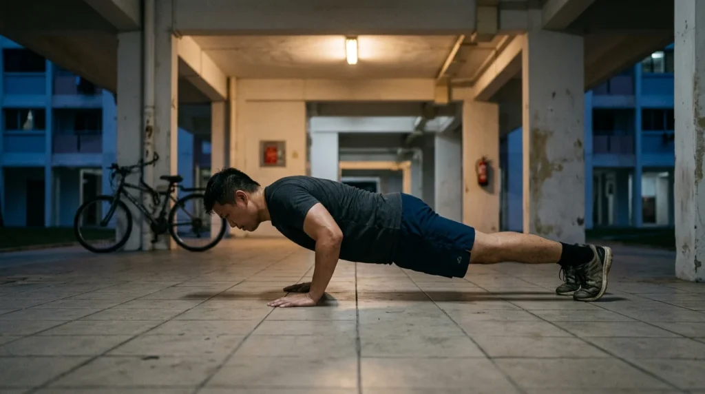 Busy father completing an early morning push-up training session before work as part of his IPPT Gold transformation.