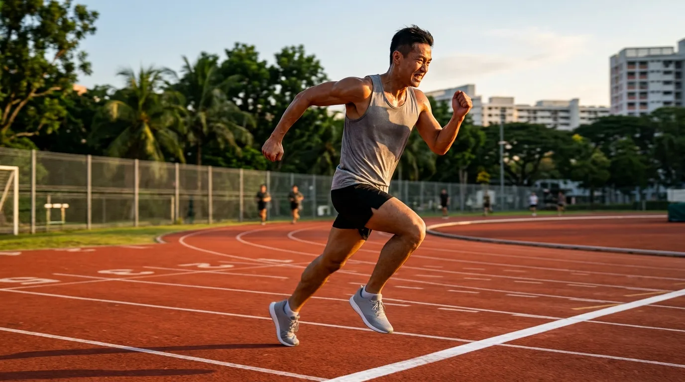 Singaporean NSman crossing the finish line during IPPT training, representing a fail-to-gold score transformation.