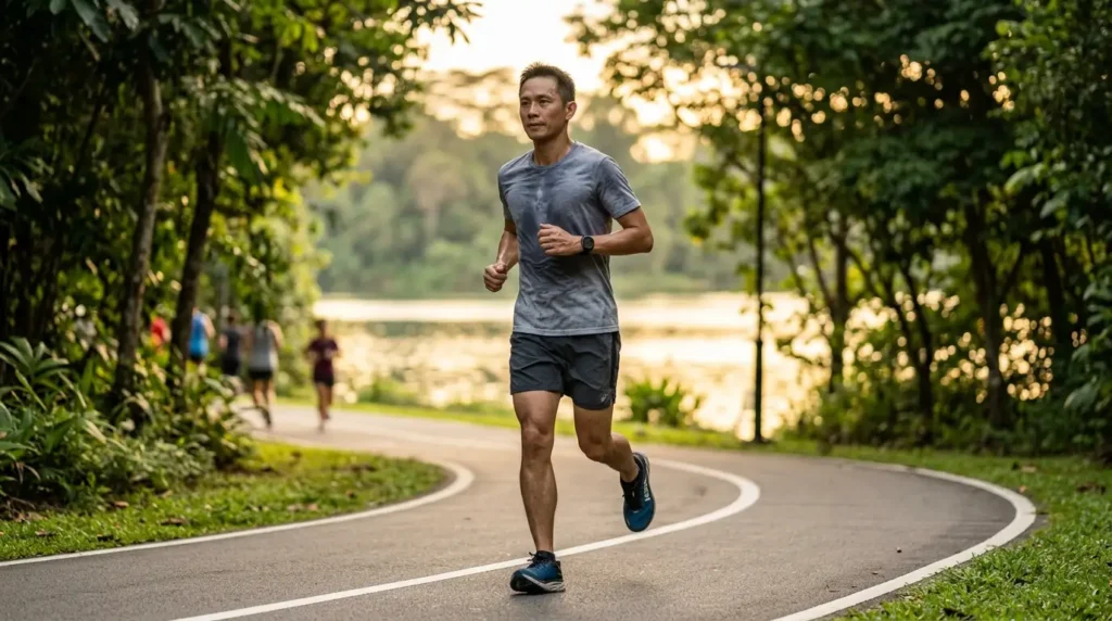 An NSman in his 40s training for his 2.4km run timing to achieve IPPT Gold before reaching MR status.